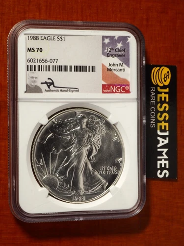 1988 AMERICAN SILVER EAGLE NGC MS70 JOHN MERCANTI SIGNED BEAUTIFUL COIN LOW POP!