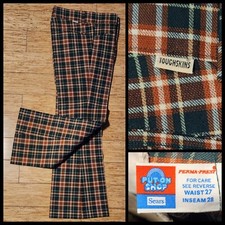 Vtg 70s Pants Sears Put On Shop Toughskins Orange Green Plaid Flair Bellbottom