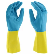 (12 PAIR) CHEMICAL RESISTANT GLOVES BLUE NEOPRENE OVER YELLOW LATEX WORK GLOVES