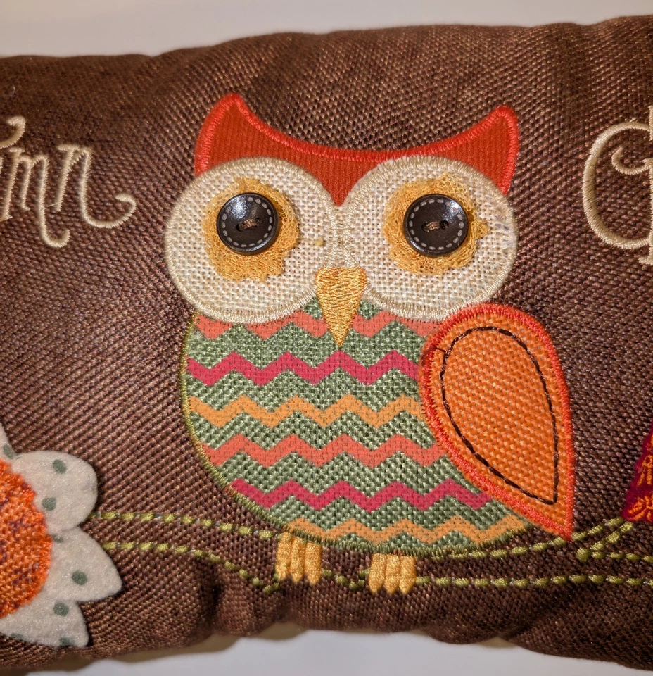 Retro Owl Pillow Embroidered Autumn Greetings Burlap Cottage Boho - Image 4 of 4