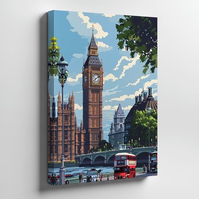 London Big Ben And Red Double Decker Bus Canvas Wall Art Vintage Cityscape Print