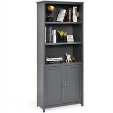 Bookcase Shelving Storage Wooden Cabinet Unit Standing Bookcase W/Doors Gray