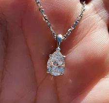 Certified Diamond 3Ct Pear Cut Solitaire Pendant 14k White Gold Plated Silver