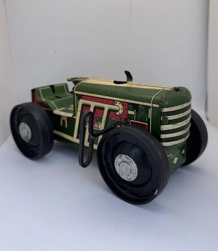 Vintage 1940's Marx Tin Litho Green & Red Wind-up Toy Tractor Crawler-Works!