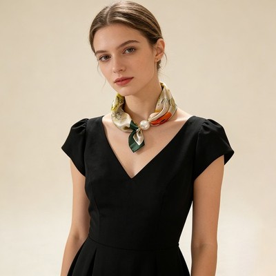 Elegant Women Satin Neck Scarf Necklace Pearl Magnetic Clasp Triangle Scarf