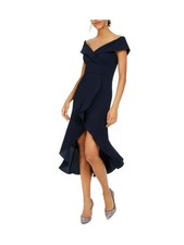 XSCAPE Womens Navy Ruffled Short Sleeve Off Shoulder Party Hi-Lo Dress 4