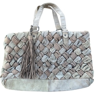   Zara Woven Leather Tote Laptop Bag Beige Tan Large Fringe Boho Shoulder Purse
