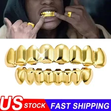 18K Gold IP Plated STAINLESS STEEL GRILLZ Top & Bottom Mouth Teeth Hip Hop Grill