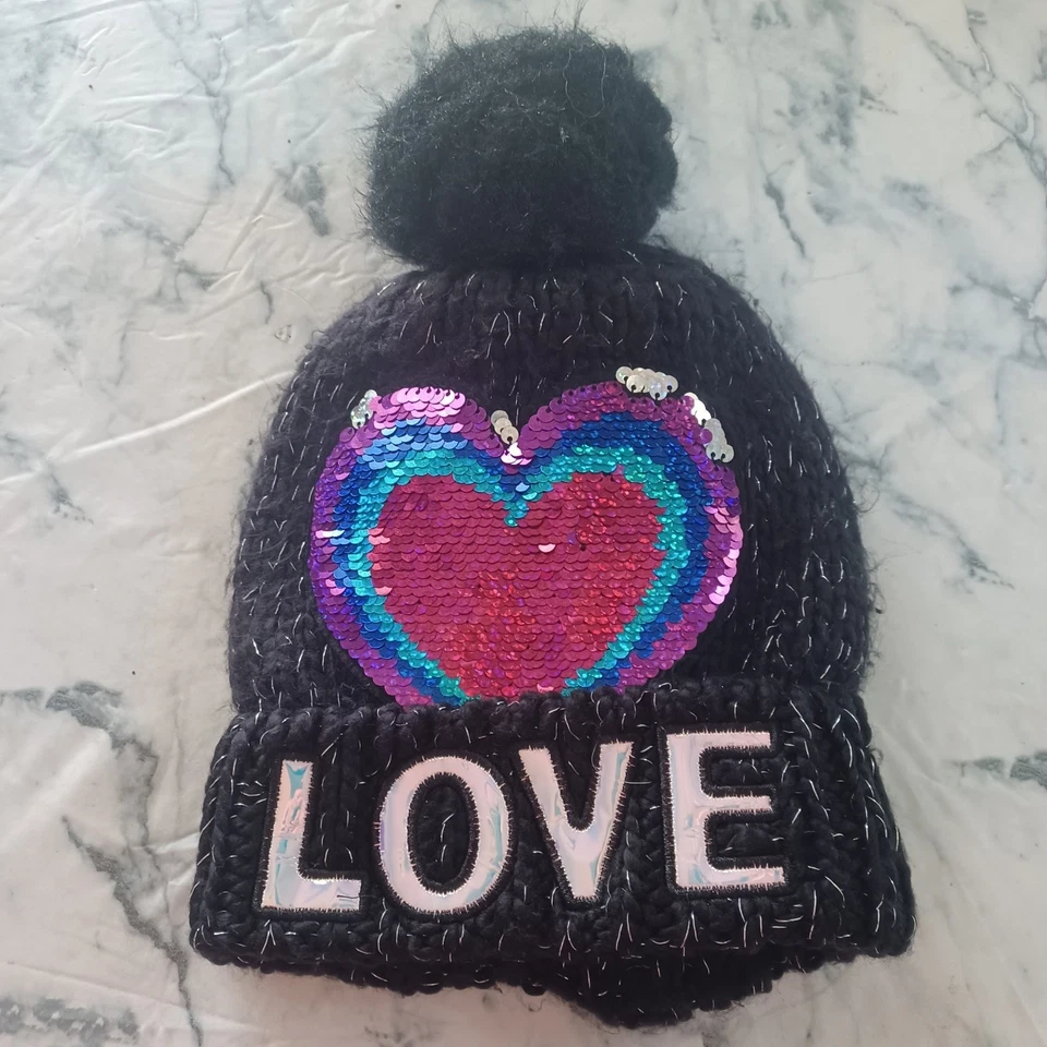 The Children's Place Girls Knit Beanie Hat Sequin Rainbow Heart LOVE (S/M 4–7) - Image 2 of 4