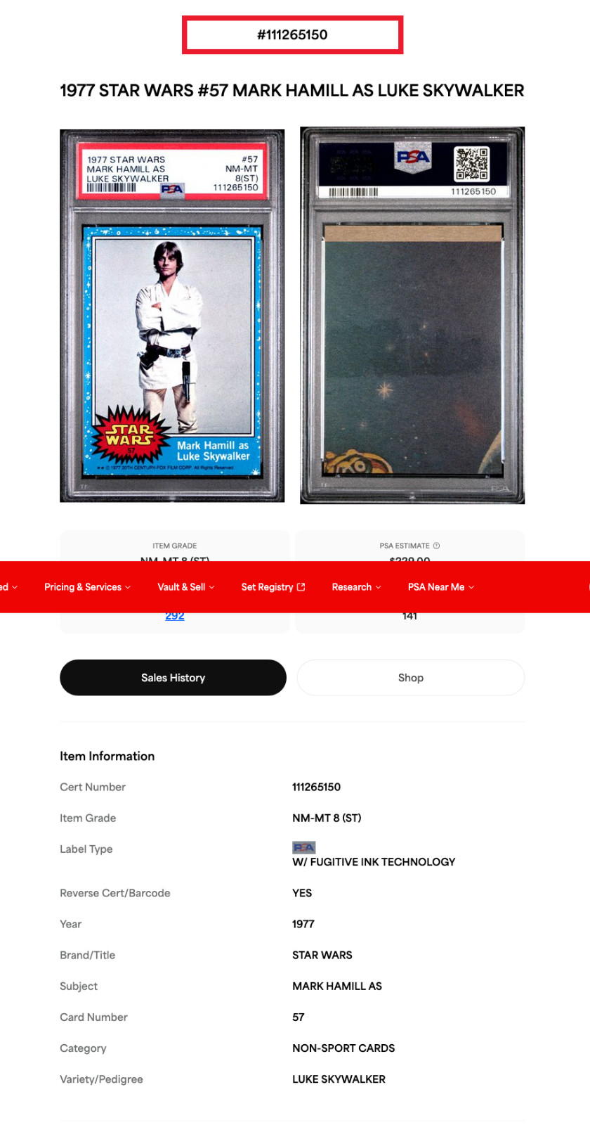1977 Topps Star Wars #57 Mark Hamill as Luke Skywalker PSA 8 #111265150 view 3