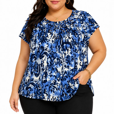 RQT Casual Women's Top 1X Blue Abstract Print Cap Sleeve Beaded Stretch Tee