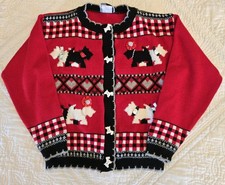 Vintage Girls Cardigan Scottie Dogs Sweater M 10 12 JS Kids Red Black Excellent