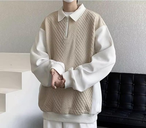 Herrenmode Revers Reißverschluss Langarm locker Strickpullover lässiges Sweatshirt - Bild 4 von 17