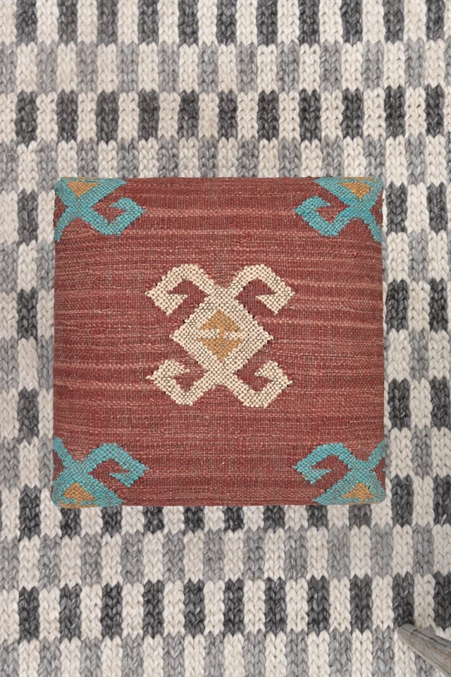 Handcrafted Acacia Wood Stool | Decorative Kilim Upholstered Pouf Footstool - Image 4 of 4