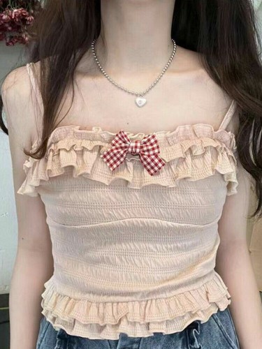 Kawaii Lolita Tank Top Female Bow Pink Sweet Halter Top Women Blue Summer Vset - Picture 13 of 15