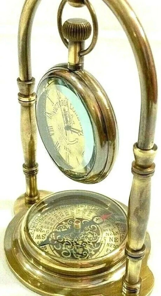 Reloj de mesa náutico base brújula marítima latón antiguo Hangi Foto 4 de 4