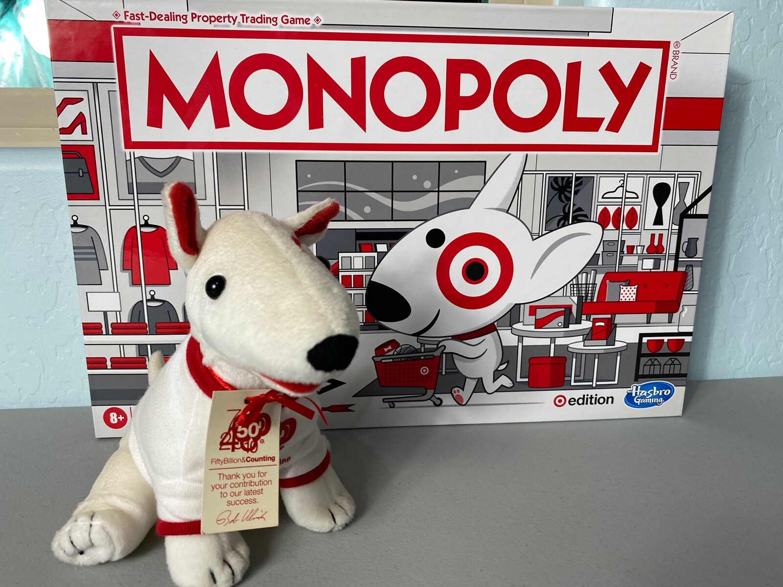 2021 MONOPOLY TARGET EDITION Game Exclusive NEW &amp; 2005 Plush Dog Bullseye Mascot