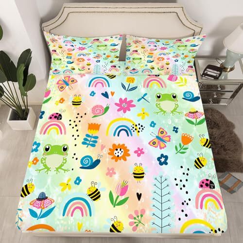 Rainbow Fitted Sheet Set,Cute Frogs Butterflies Bedding Size for Queen