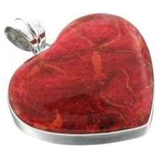 925 Sterling Silver Cool Heart Red Coral Sterling Pendant, 1 7/8"