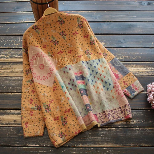 Damen-Cardigan Pastoral-Stil V-Ausschnitt Blumen Patchwork Retro Strickwaren Pullover - Bild 6 von 17