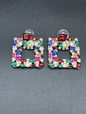Square Metal Hollowed-Out Hanging Colorful Crystals Dangle Drop Earrings