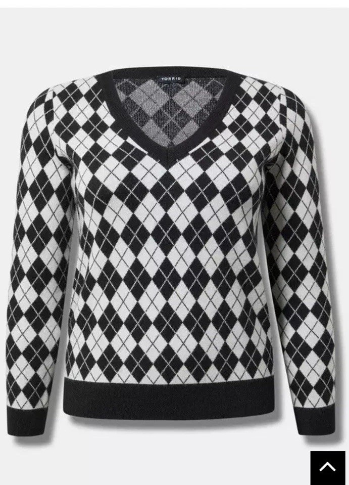 Torrid Women's Long Sleeve Argyle V-Neck Pullover Black & White Sweater  Sz 1X