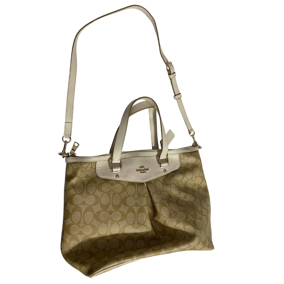 Coach Beige Signature Canvas & White Leather Shoulder Bag – Elegant & Authentic