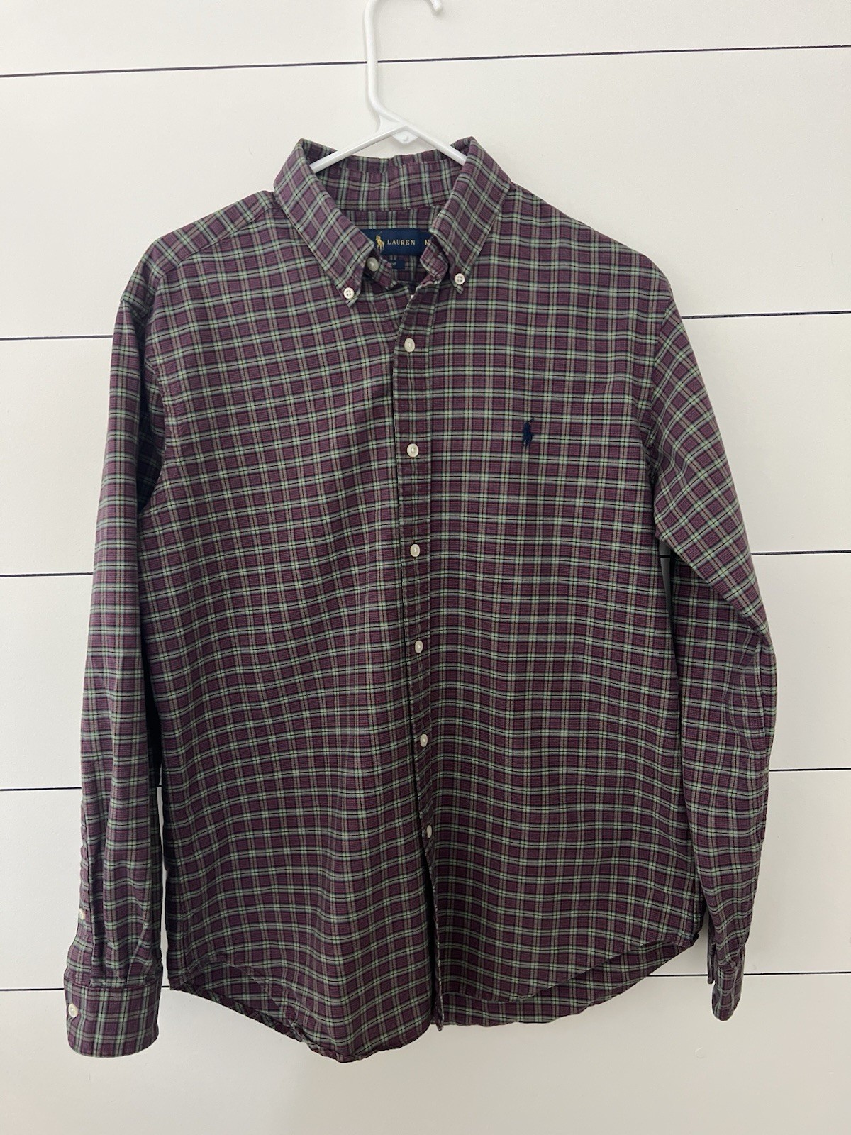 Ralph Lauren Red Green Plaid Button Up Dress Shirt Size Medium Long Sleeve