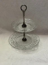 Vintage 2 Tier Glass Serving Tray Floral Etched Plates with Metal Handle Stand