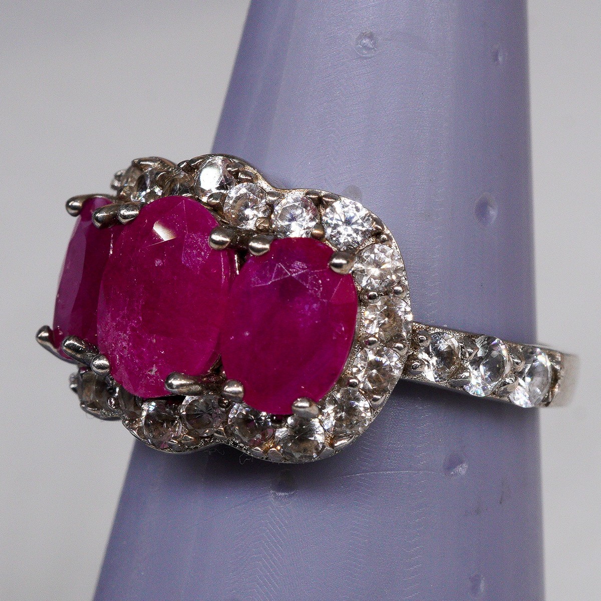 Sterling Silver 925 Ruby Ring Three Stone Oval Wh… - image 15