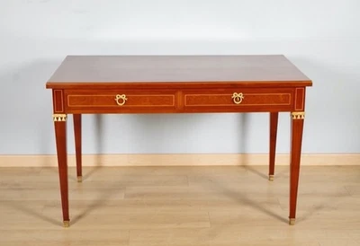 Bureau plat de style Louis XVI en acajou et loupe d'amboine - Photo 1/4