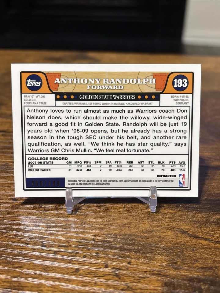 2008-09 Topps Chrome Orange Refractor /499 Anthony Randolph #193 Rookie RC - Image 2 of 2