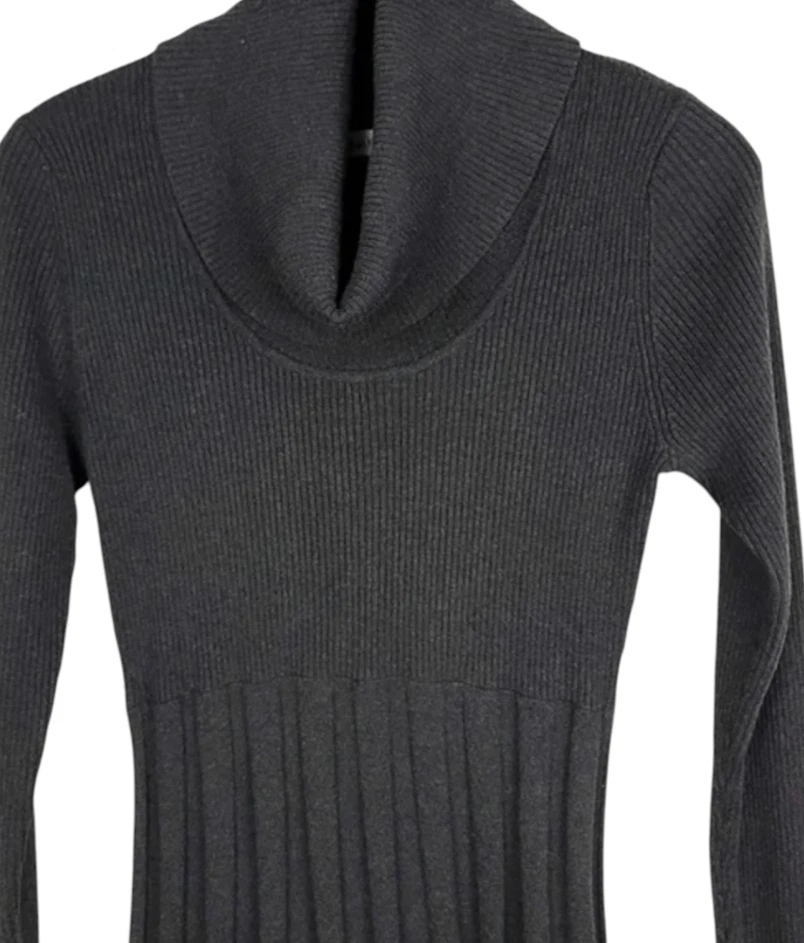 CALVIN KLEIN CK Dark Gray Sweater Knit Dress RIBBED FLARE Cowl Neck Cozy & Fun L - Image 3 of 4