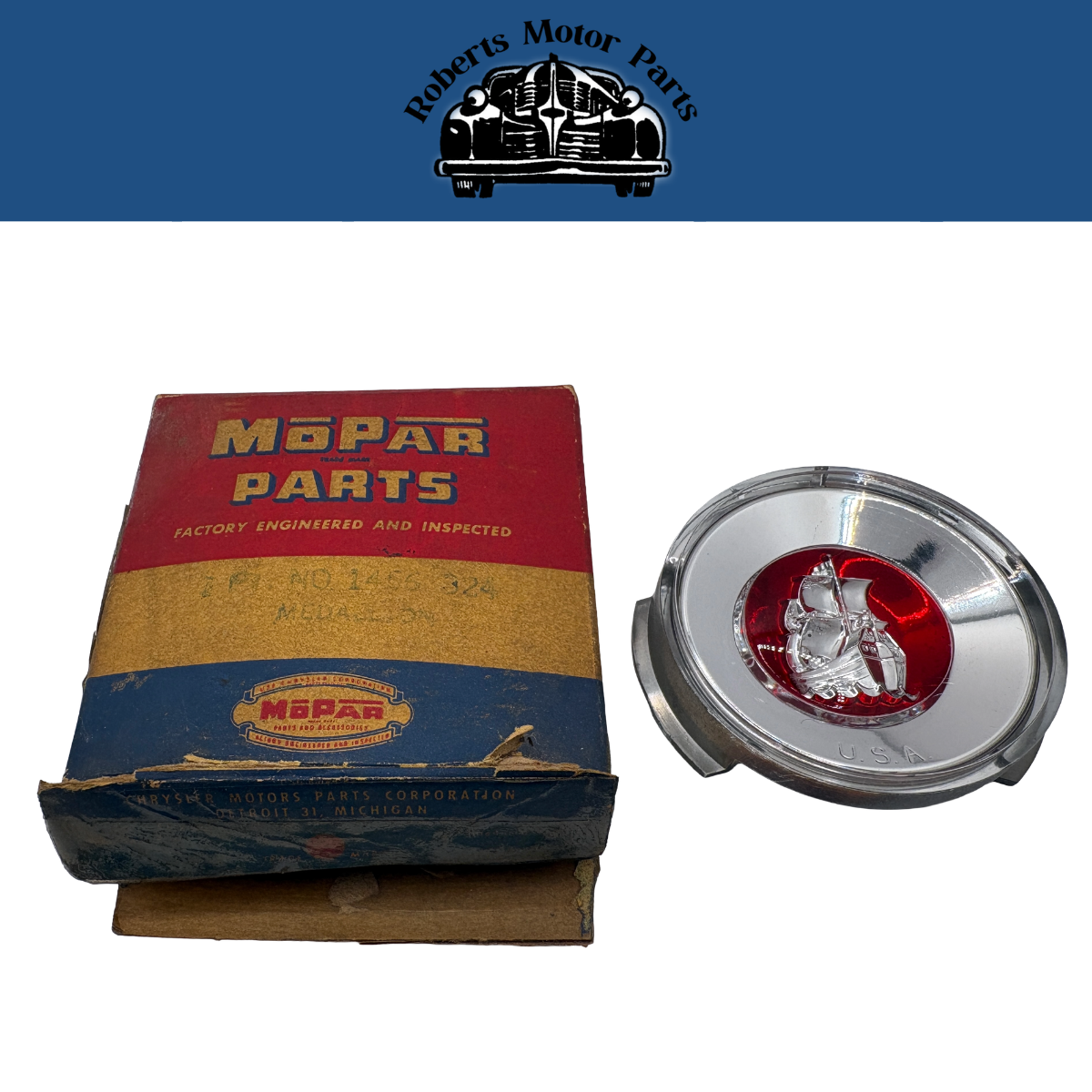 NOS MOPAR 1456324 MEDALLION - 1952 PLYMOUTH ( EMBLEM ORNAMENT )