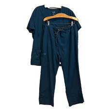 Koi Next Gen Teal Women s Scrub Set Top Pants XL Blue Solid Polyester Knit EUC