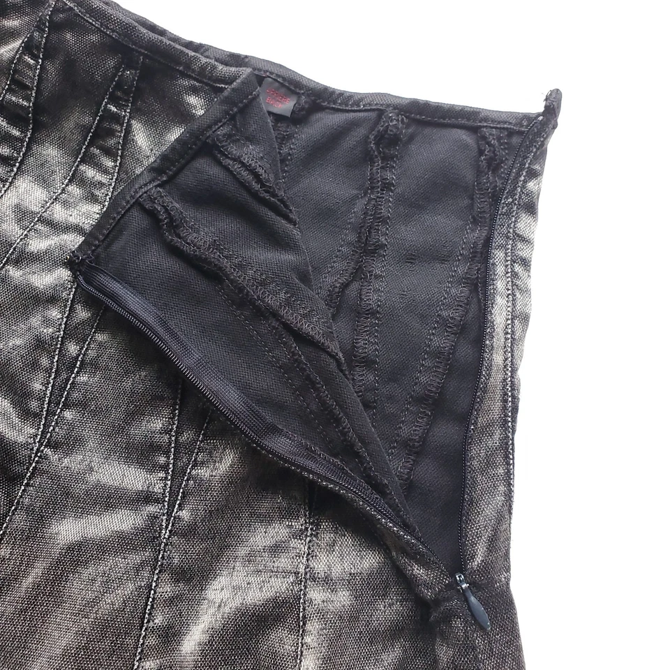 复古 Simon Chang 面板裙 6 码闪亮黑色灰色金属版喇叭 90 年代 Y2K — 第 3/4 张图片