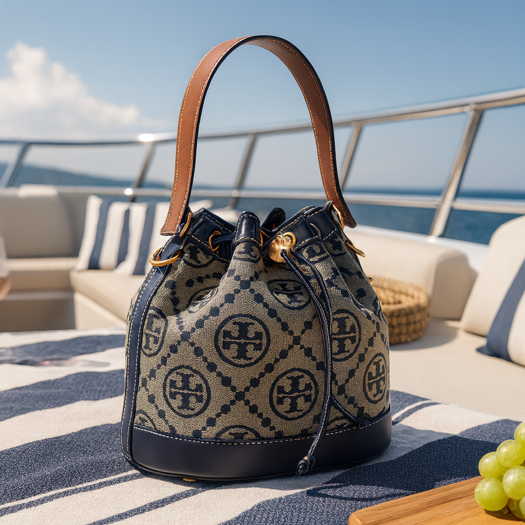 NEW Tory Burch T Monogram Navy Jacquard Drawstring Bucket Tote