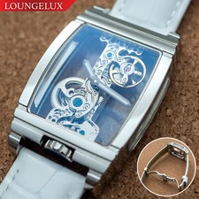 Mens Silver Bridge Manual Mechanical Watch - Silver Case White Leather Deployant