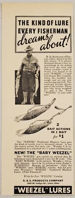 1936 Print Ad Baby Weezel Feathered Minnow Fishing Lures S & S Products Lima,OH