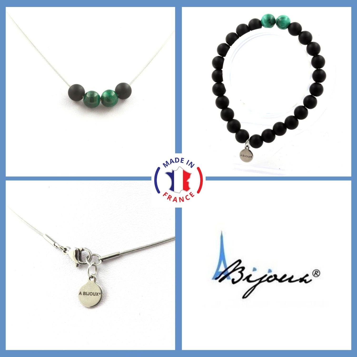 Parure perles onyx noir mat malachite du Congo 8mm pour retrouver équilibre et style au quotidien