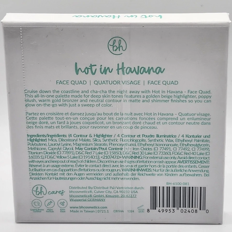 bh Cosmetics Blush Bronzer Face Quad Hot In Havana Travel Glow Contour NEW - Image 2 of 4