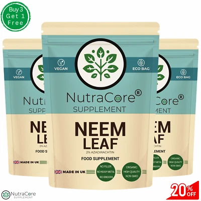 NUTRA CORE NEEM LEAF 5500mg Capsules, (2%Azadirachtin) 100% Organic-Detox Immune Support