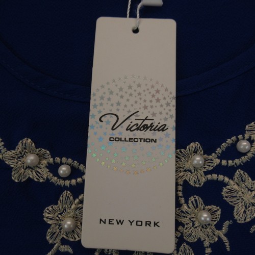 Victoria Shirt Women Medium Blue Short Sleeve Solid Blouse Embellished Polyester - Picture 9 of 16