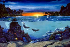 Dolphins at sunset ocean Oil painting Giclee Art Printed on canvas L2475