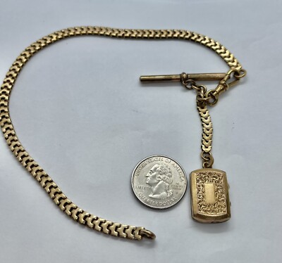 Antique Albertina Victorian Rolled Gold Rectangle Locket Fob Watch Chain 
