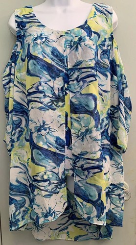 NY Collection Übergröße 1X transparente Bluse Blumenmuster Lagenlook Cold Shoulder Träger - Bild 2 von 12
