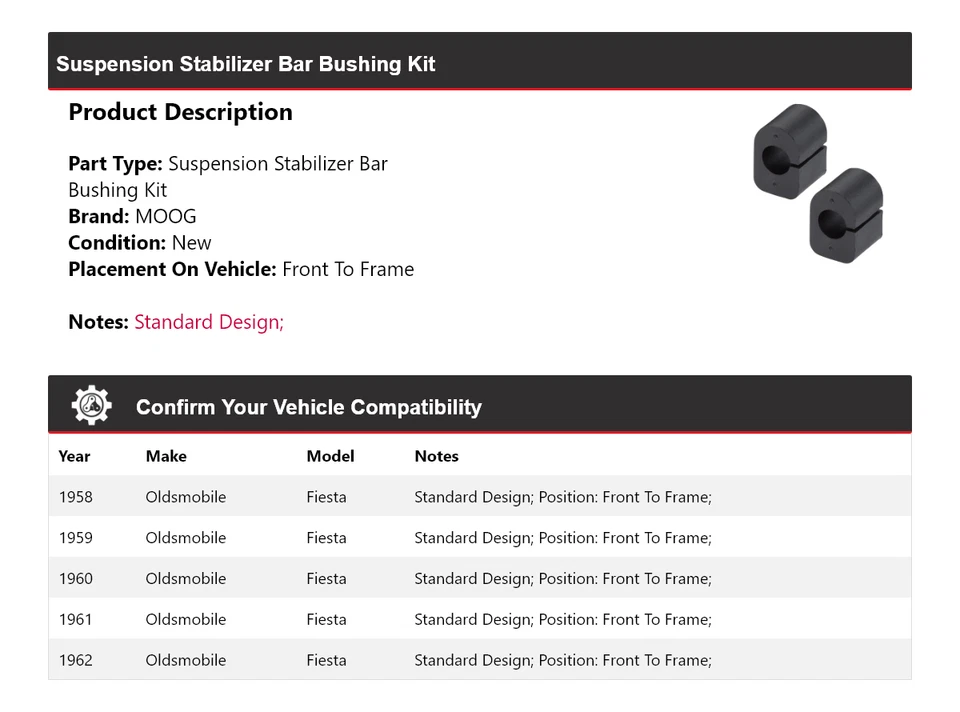 Kit de buje de barra estabilizadora de suspensión para Oldsmobile Fiesta 1958-1962 MOOG 1958 Foto 2 de 4