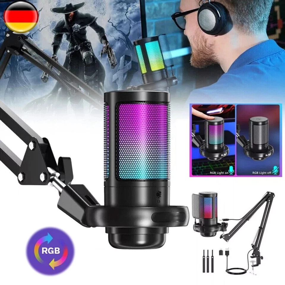 Gaming Mikrofon PC mit Arm, USB Microphone für MAC PS4 PS5 mit Stummschalttaste~