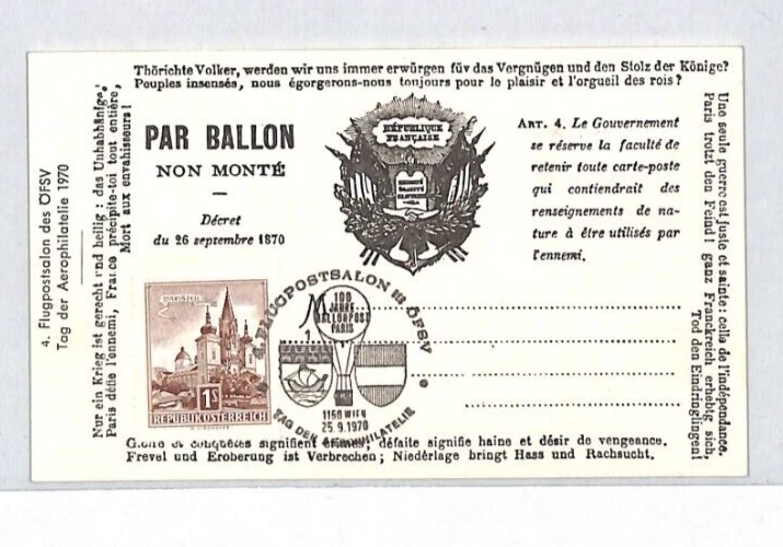 AUSTRIA/ FRANCE Balloon Air Mail Card 1970 Austria {samwells-covers} PG182 - Image 2 of 4