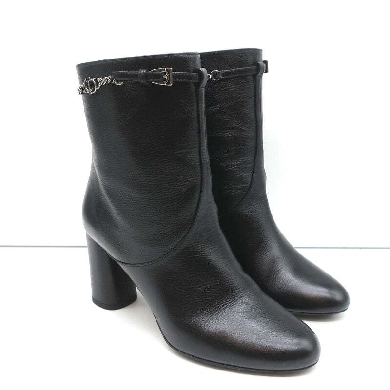 Bottes cheville embellies chaîne Christian Dior cuir noir taille 36 talon haut